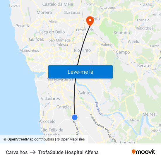 Carvalhos to TrofaSaúde Hospital Alfena map