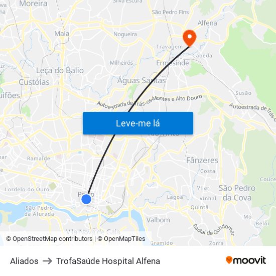 Aliados to TrofaSaúde Hospital Alfena map