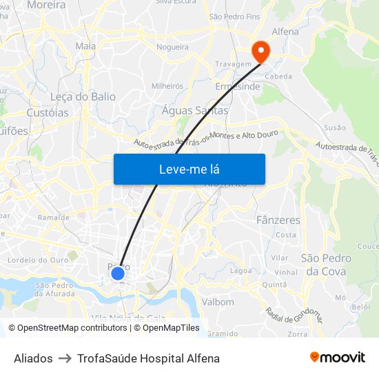 Aliados to TrofaSaúde Hospital Alfena map