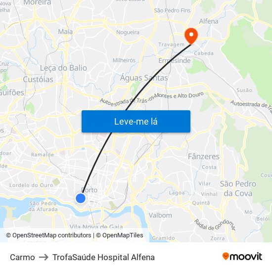 Carmo to TrofaSaúde Hospital Alfena map