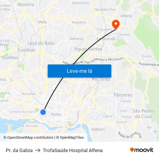 Pr. da Galiza to TrofaSaúde Hospital Alfena map