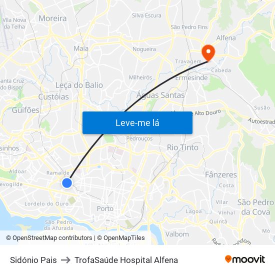 Sidónio Pais to TrofaSaúde Hospital Alfena map