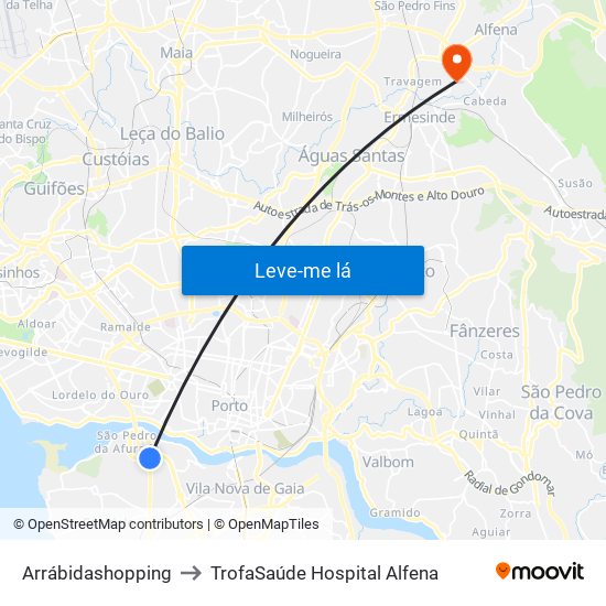 Arrábidashopping to TrofaSaúde Hospital Alfena map