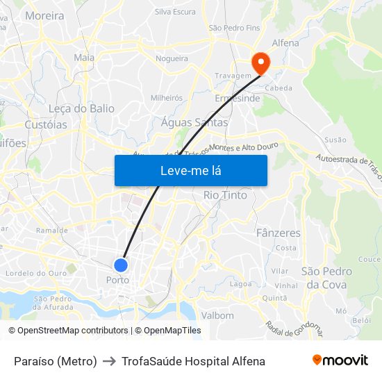 Paraíso (Metro) to TrofaSaúde Hospital Alfena map