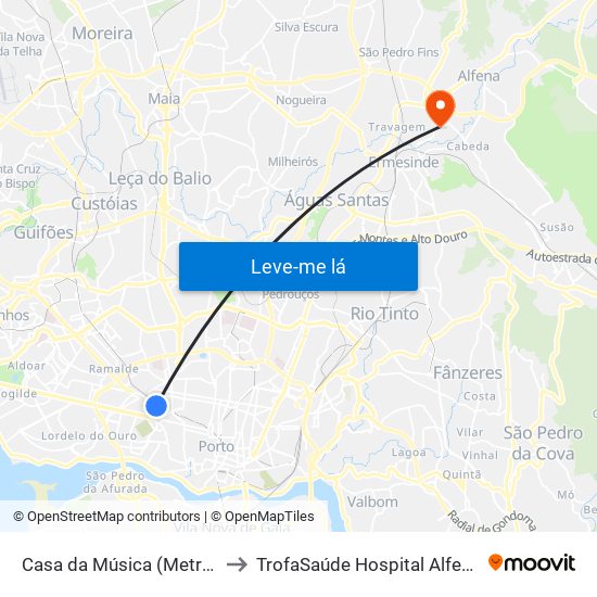 Casa da Música (Metro) to TrofaSaúde Hospital Alfena map