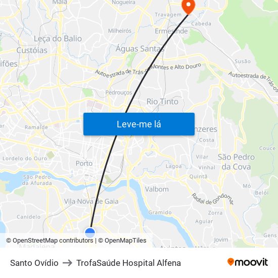 Santo Ovídio to TrofaSaúde Hospital Alfena map