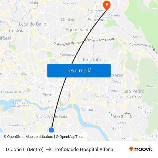 D. João II (Metro) to TrofaSaúde Hospital Alfena map