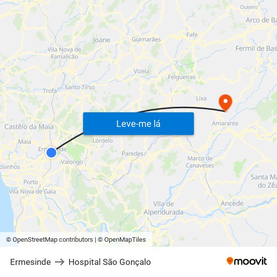 Ermesinde to Hospital São Gonçalo map