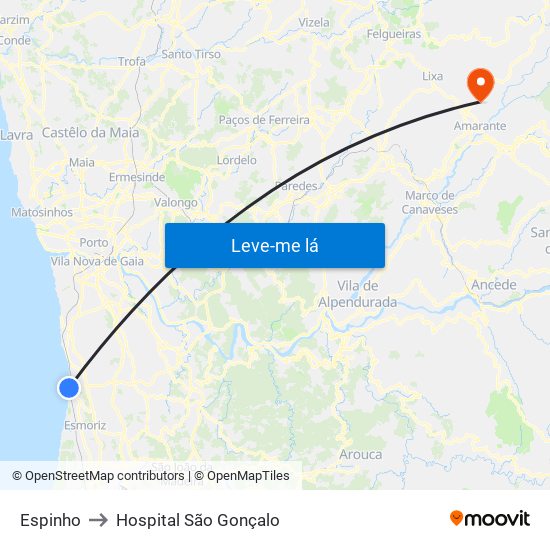 Espinho to Hospital São Gonçalo map