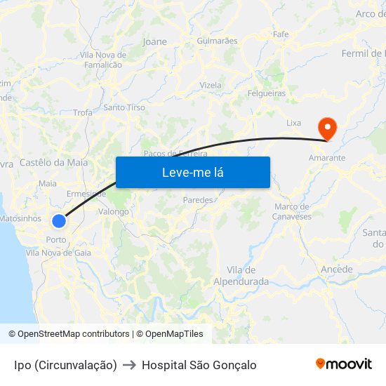 Ipo (Circunvalação) to Hospital São Gonçalo map
