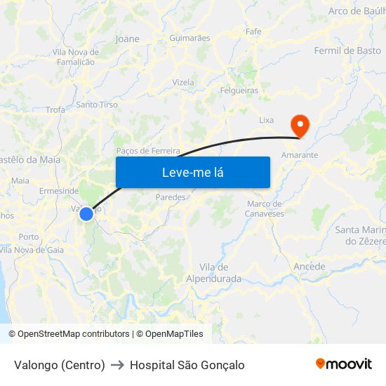 Valongo (Centro) to Hospital São Gonçalo map