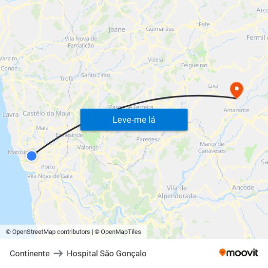 Continente to Hospital São Gonçalo map