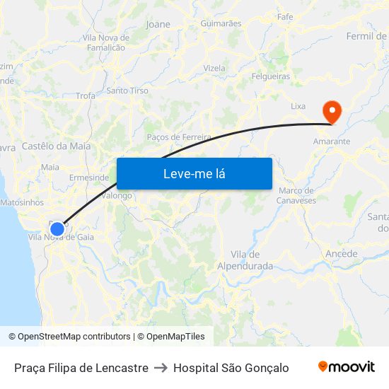 Praça Filipa de Lencastre to Hospital São Gonçalo map