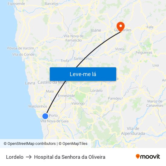 Lordelo to Hospital da Senhora da Oliveira map