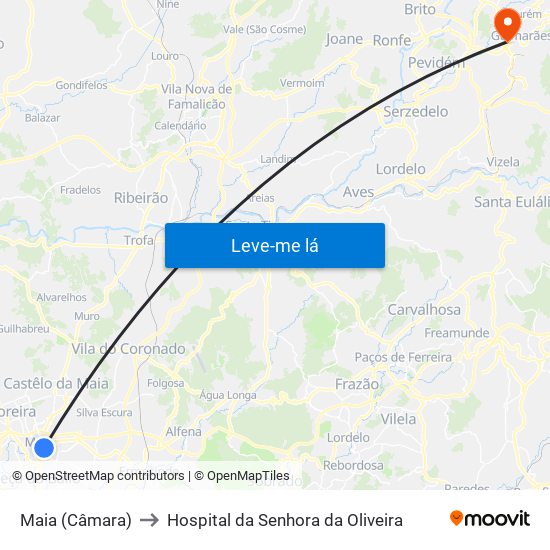 Maia (Câmara) to Hospital da Senhora da Oliveira map