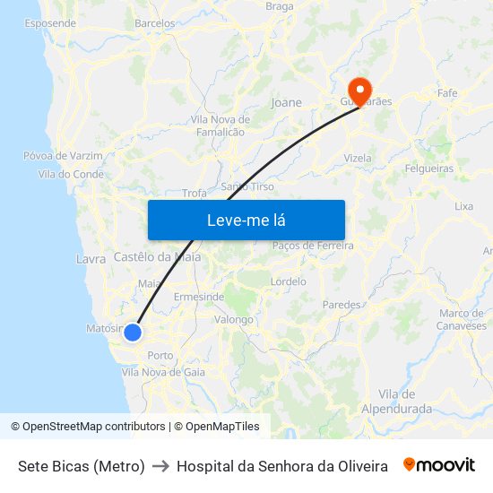 Sete Bicas (Metro) to Hospital da Senhora da Oliveira map