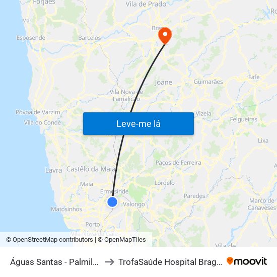 Águas Santas - Palmilheira to TrofaSaúde Hospital Braga Sul map