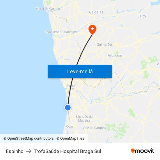 Espinho to TrofaSaúde Hospital Braga Sul map