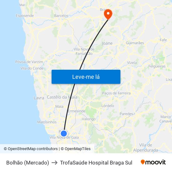 Bolhão (Mercado) to TrofaSaúde Hospital Braga Sul map