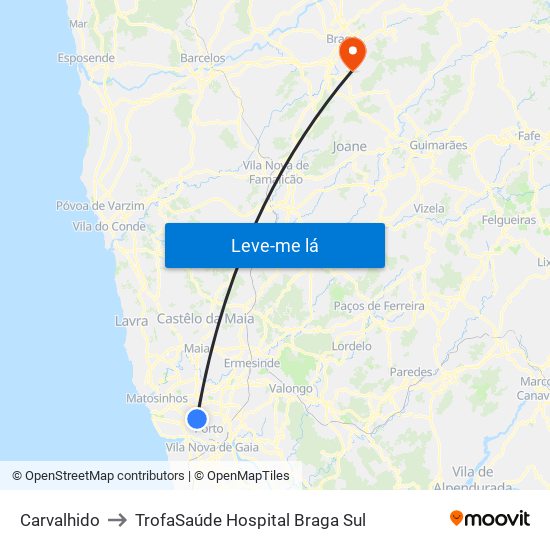 Carvalhido to TrofaSaúde Hospital Braga Sul map