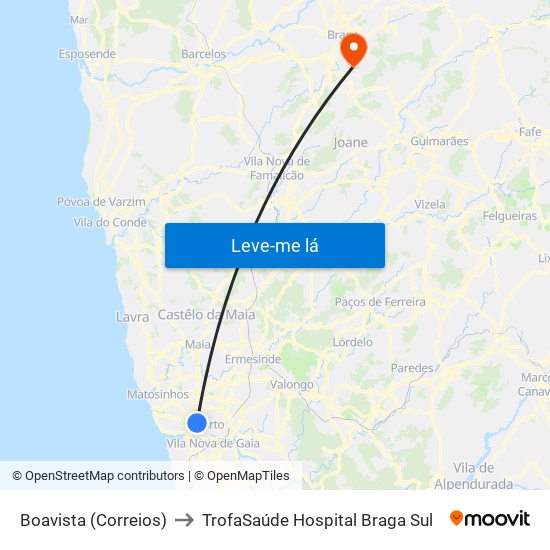 Boavista (Correios) to TrofaSaúde Hospital Braga Sul map