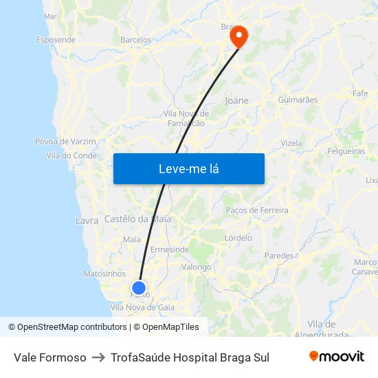 Vale Formoso to TrofaSaúde Hospital Braga Sul map