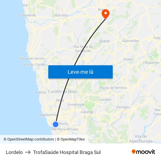 Lordelo to TrofaSaúde Hospital Braga Sul map