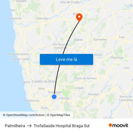 Palmilheira to TrofaSaúde Hospital Braga Sul map