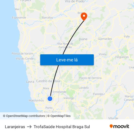 Laranjeiras to TrofaSaúde Hospital Braga Sul map