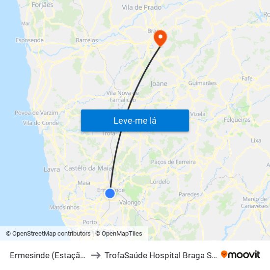 Ermesinde (Estação) to TrofaSaúde Hospital Braga Sul map