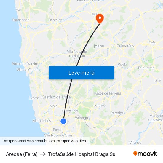 Areosa (Feira) to TrofaSaúde Hospital Braga Sul map