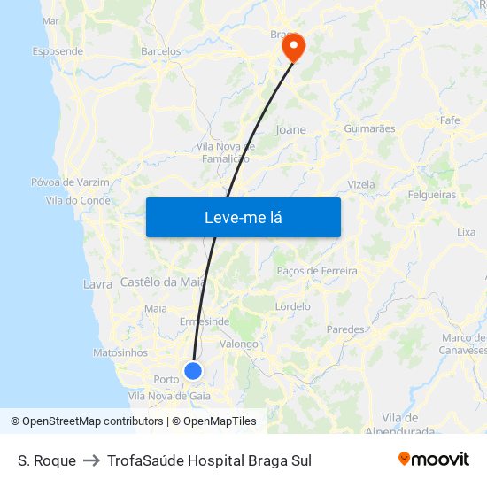 S. Roque to TrofaSaúde Hospital Braga Sul map