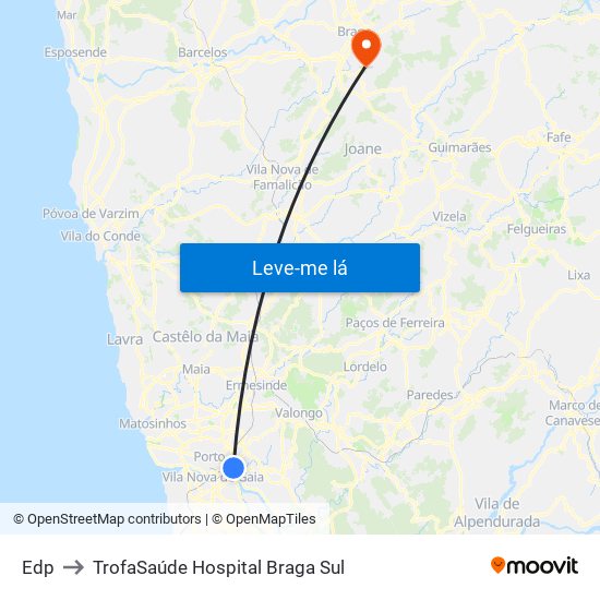 Edp to TrofaSaúde Hospital Braga Sul map