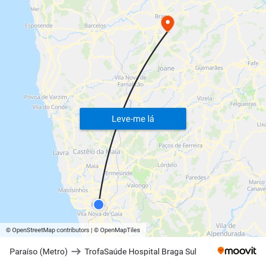 Paraíso (Metro) to TrofaSaúde Hospital Braga Sul map