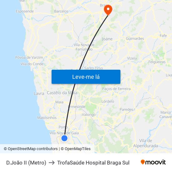 D.João II (Metro) to TrofaSaúde Hospital Braga Sul map