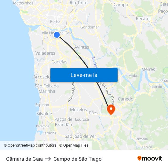 Câmara de Gaia to Campo de São Tiago map