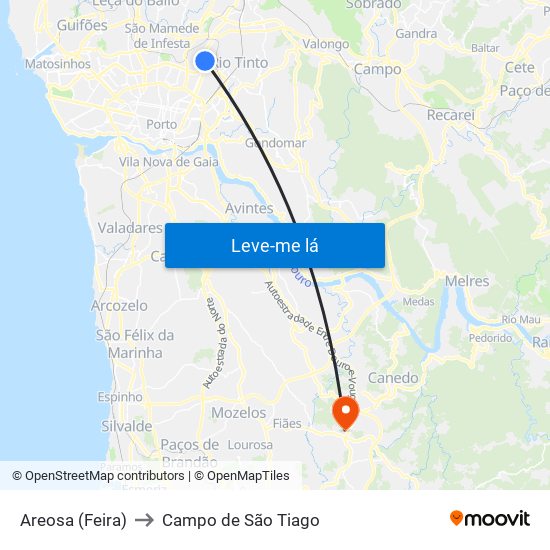 Areosa (Feira) to Campo de São Tiago map