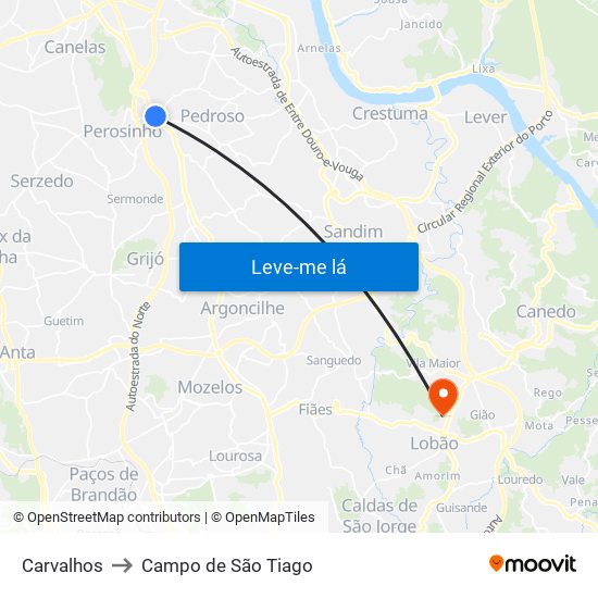 Carvalhos to Campo de São Tiago map