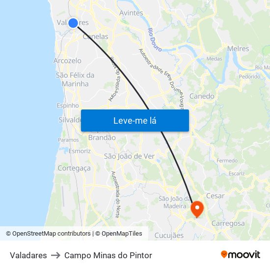 Valadares to Campo Minas do Pintor map
