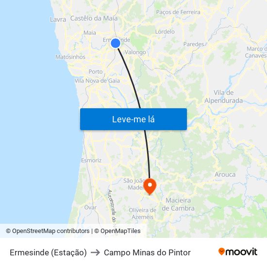 Ermesinde (Estação) to Campo Minas do Pintor map