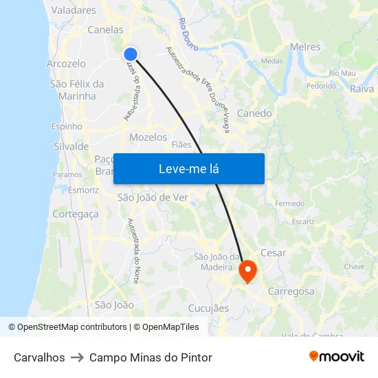 Carvalhos to Campo Minas do Pintor map