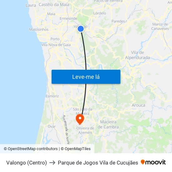 Valongo (Centro) to Parque de Jogos Vila de Cucujães map