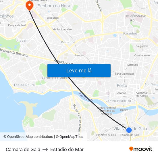 Câmara de Gaia to Estádio do Mar map