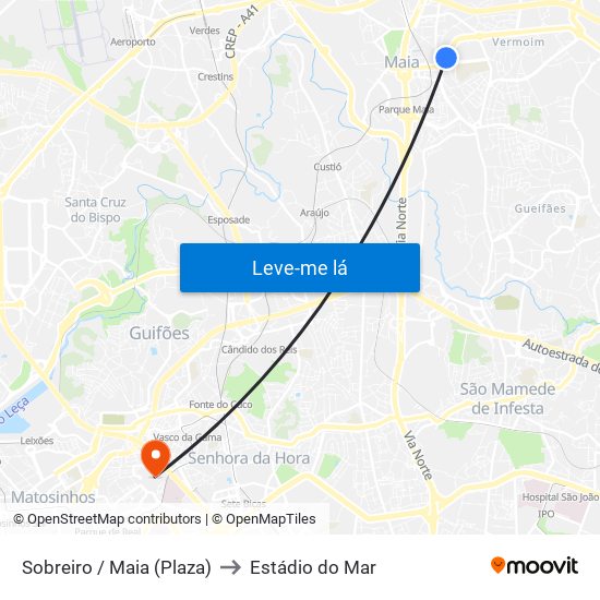 Sobreiro / Maia (Plaza) to Estádio do Mar map