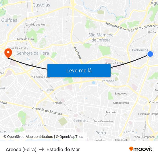 Areosa (Feira) to Estádio do Mar map
