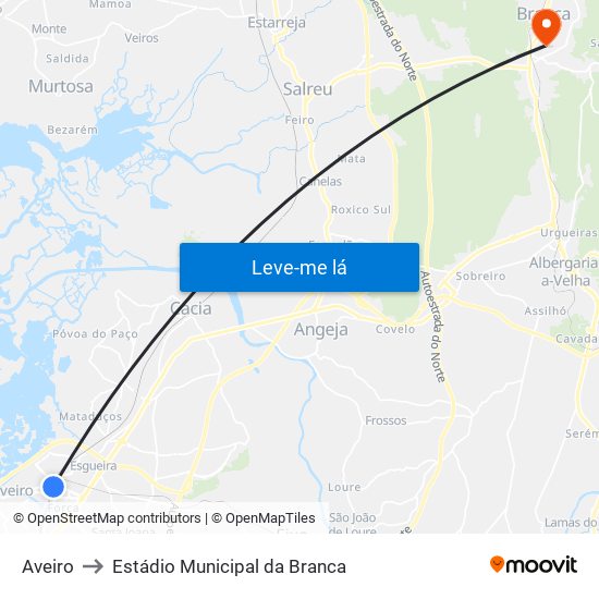 Aveiro to Estádio Municipal da Branca map