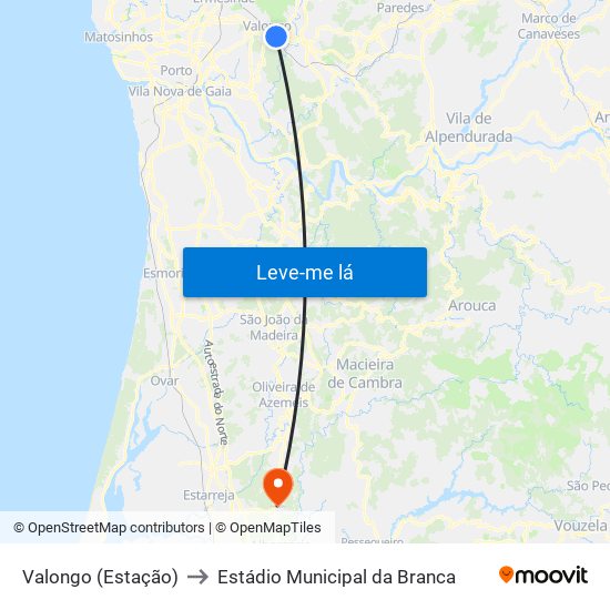 Valongo (Estação) to Estádio Municipal da Branca map