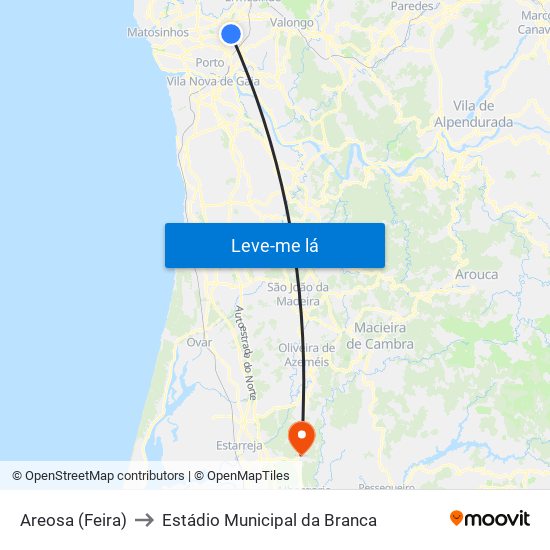 Areosa (Feira) to Estádio Municipal da Branca map