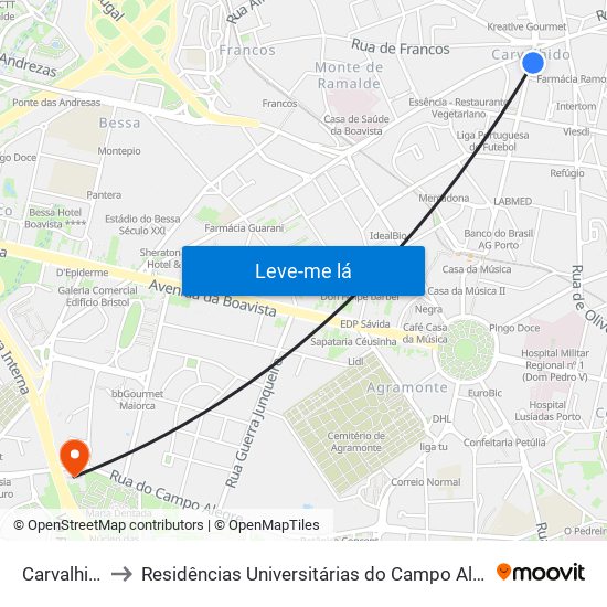 Carvalhido to Residências Universitárias do Campo Alegre I map