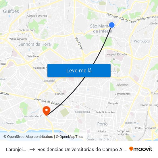 Laranjeiras to Residências Universitárias do Campo Alegre I map